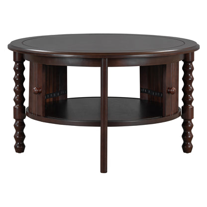 Vintage Round Coffee Table with Storage in 30.3' for Living Room, Mid Century Modern Cocktail Table with Sliding Door, Slatted Design Accent Table for Small Space, Walnut