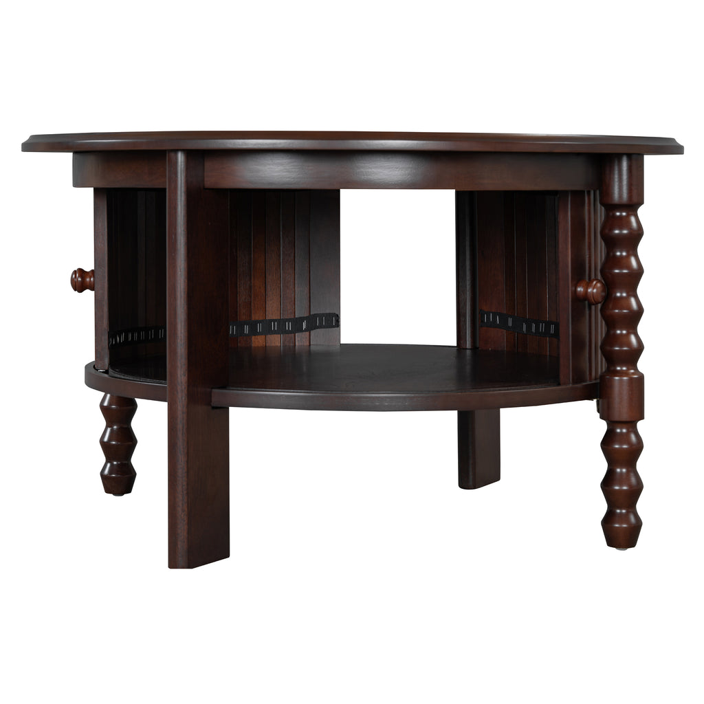 Vintage Round Coffee Table with Storage in 30.3' for Living Room, Mid Century Modern Cocktail Table with Sliding Door, Slatted Design Accent Table for Small Space, Walnut