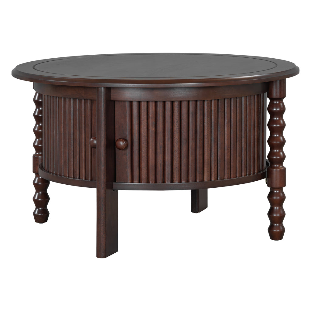 Vintage Round Coffee Table with Storage in 30.3' for Living Room, Mid Century Modern Cocktail Table with Sliding Door, Slatted Design Accent Table for Small Space, Walnut