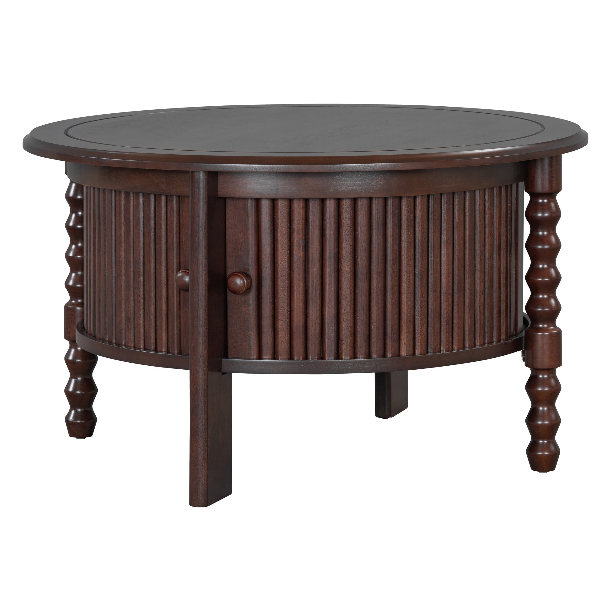 Vintage Round Coffee Table with Storage in 30.3' for Living Room, Mid Century Modern Cocktail Table with Sliding Door, Slatted Design Accent Table for Small Space, Walnut