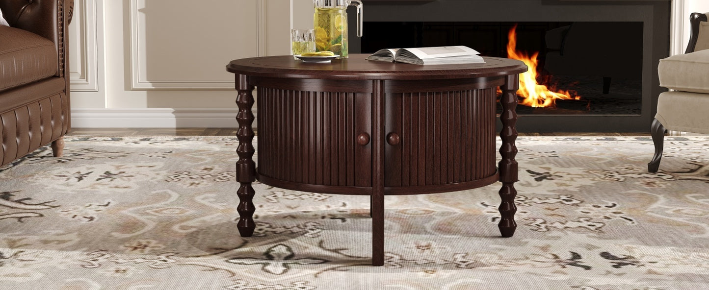 Vintage Round Coffee Table with Storage in 30.3' for Living Room, Mid Century Modern Cocktail Table with Sliding Door, Slatted Design Accent Table for Small Space, Walnut
