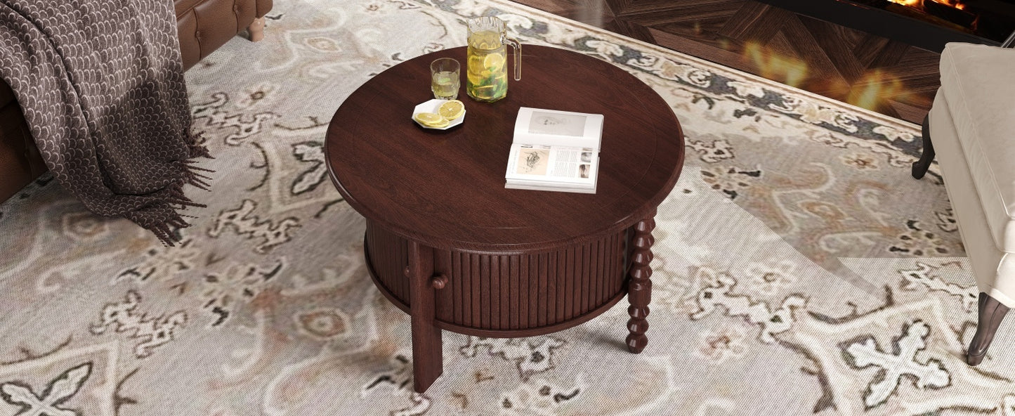Vintage Round Coffee Table with Storage in 30.3' for Living Room, Mid Century Modern Cocktail Table with Sliding Door, Slatted Design Accent Table for Small Space, Walnut