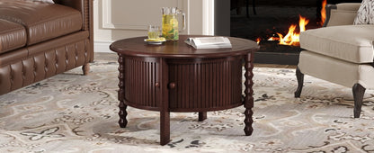 Vintage Round Coffee Table with Storage in 30.3' for Living Room, Mid Century Modern Cocktail Table with Sliding Door, Slatted Design Accent Table for Small Space, Walnut