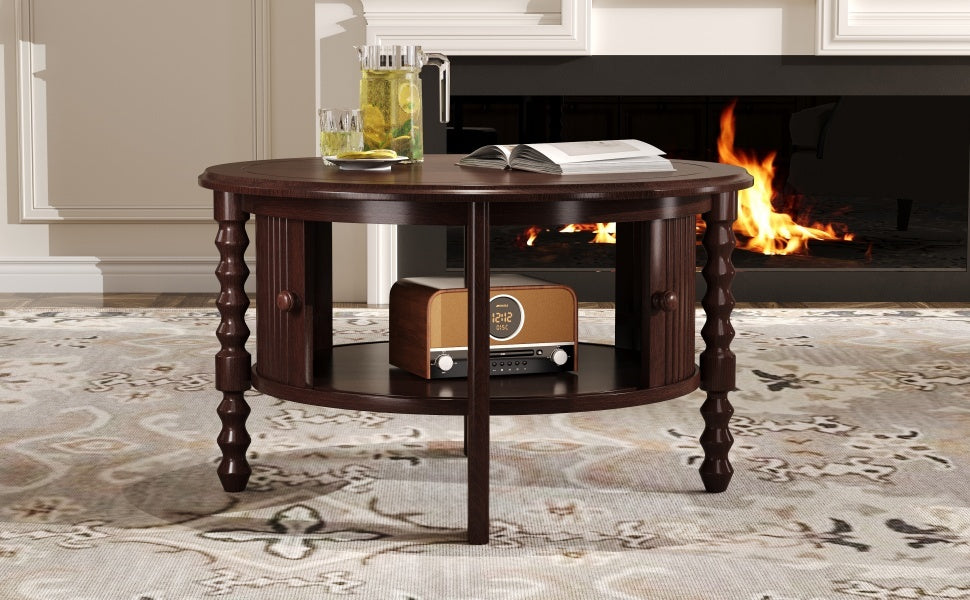 Vintage Round Coffee Table with Storage in 30.3' for Living Room, Mid Century Modern Cocktail Table with Sliding Door, Slatted Design Accent Table for Small Space, Walnut