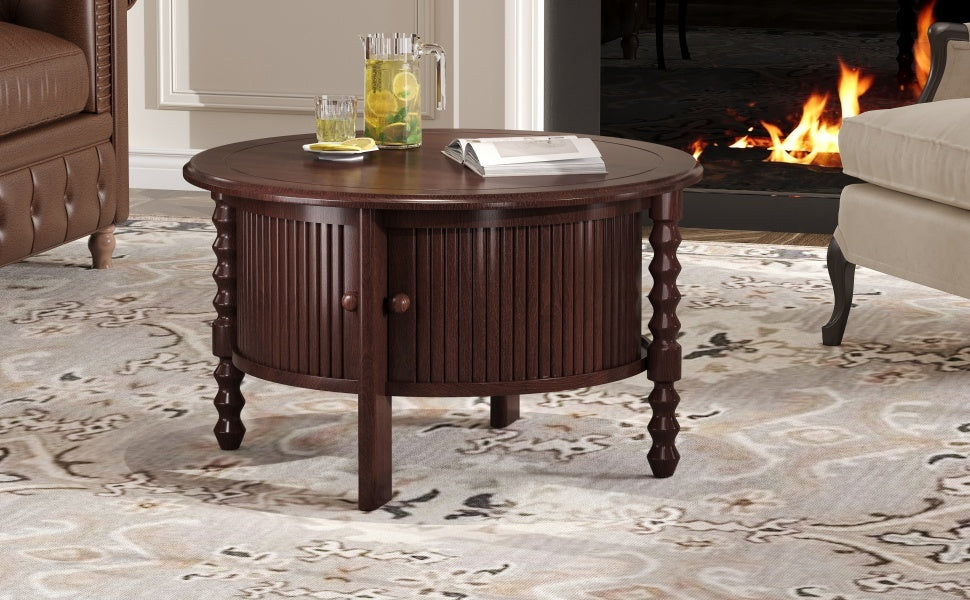 Vintage Round Coffee Table with Storage in 30.3' for Living Room, Mid Century Modern Cocktail Table with Sliding Door, Slatted Design Accent Table for Small Space, Walnut