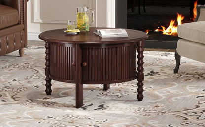 Vintage Round Coffee Table with Storage in 30.3' for Living Room, Mid Century Modern Cocktail Table with Sliding Door, Slatted Design Accent Table for Small Space, Walnut