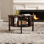 Vintage Round Coffee Table with Storage in 30.3' for Living Room, Mid Century Modern Cocktail Table with Sliding Door, Slatted Design Accent Table for Small Space, Walnut