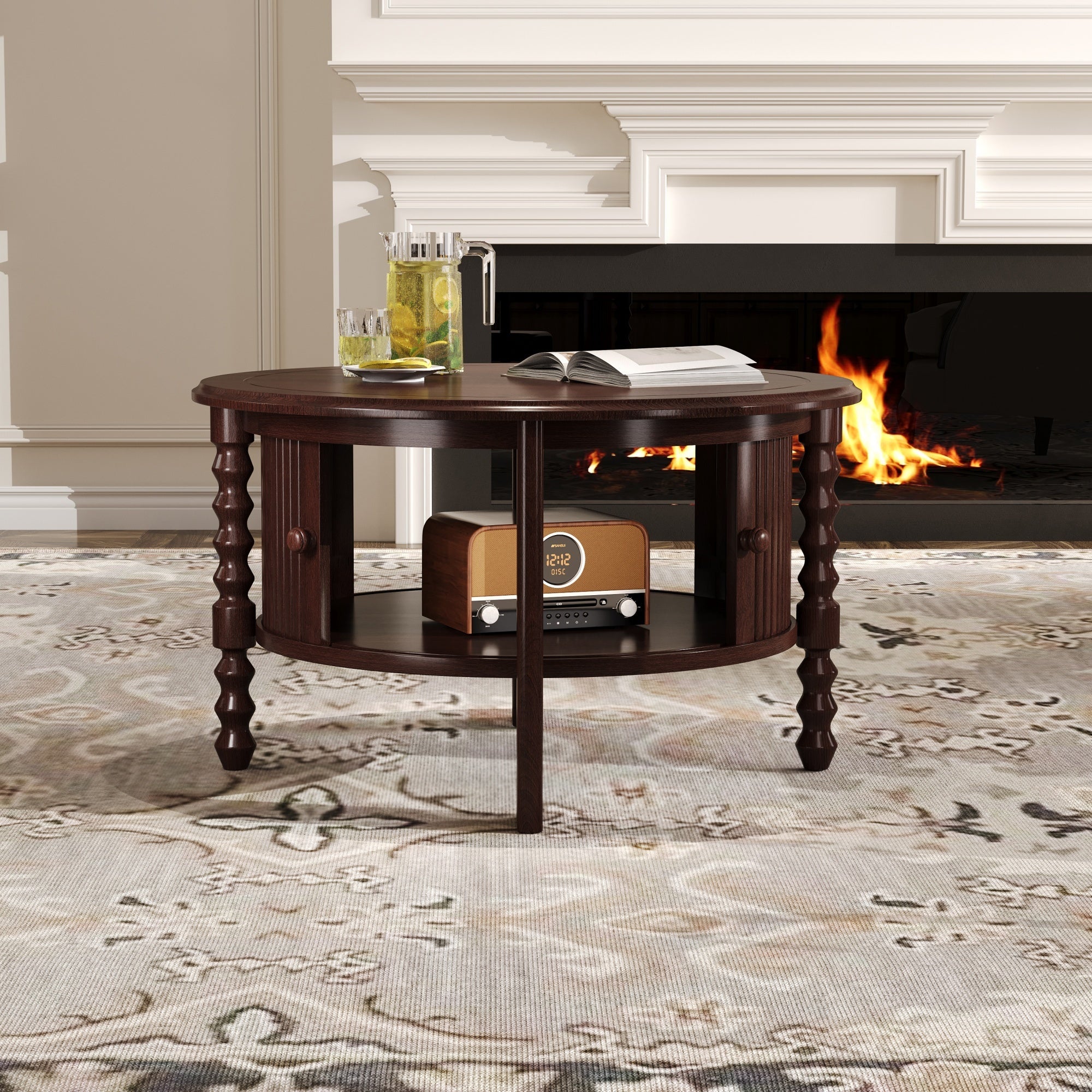 Vintage Round Coffee Table with Storage in 30.3' for Living Room, Mid Century Modern Cocktail Table with Sliding Door, Slatted Design Accent Table for Small Space, Walnut