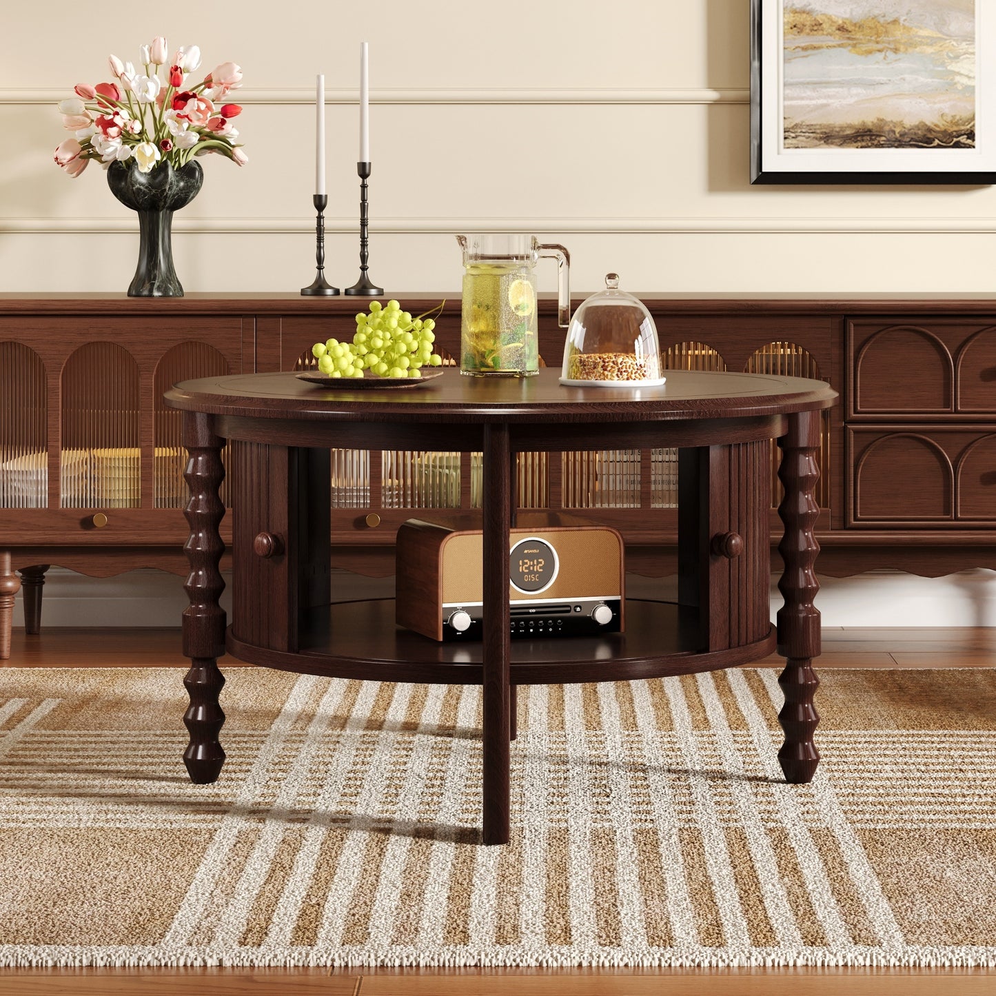 Vintage Round Coffee Table with Storage in 30.3' for Living Room, Mid Century Modern Cocktail Table with Sliding Door, Slatted Design Accent Table for Small Space, Walnut