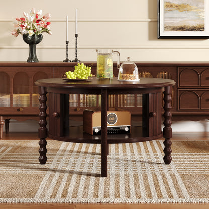 Vintage Round Coffee Table with Storage in 30.3' for Living Room, Mid Century Modern Cocktail Table with Sliding Door, Slatted Design Accent Table for Small Space, Walnut