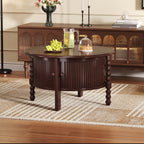 Vintage Round Coffee Table with Storage in 30.3' for Living Room, Mid Century Modern Cocktail Table with Sliding Door, Slatted Design Accent Table for Small Space, Walnut