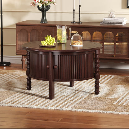 Vintage Round Coffee Table with Storage in 30.3' for Living Room, Mid Century Modern Cocktail Table with Sliding Door, Slatted Design Accent Table for Small Space, Walnut