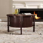 Vintage Round Coffee Table with Storage in 30.3' for Living Room, Mid Century Modern Cocktail Table with Sliding Door, Slatted Design Accent Table for Small Space, Walnut