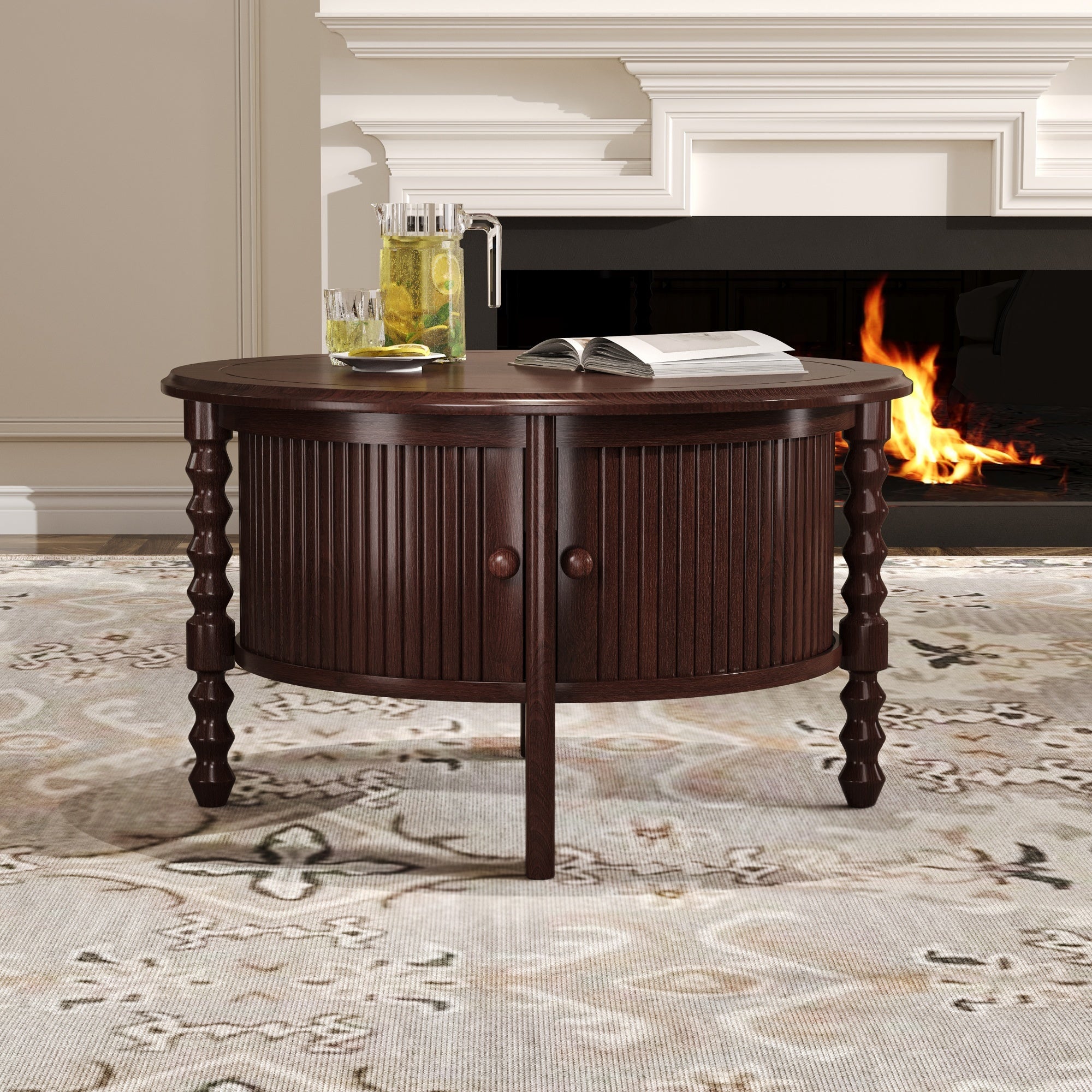 Vintage Round Coffee Table with Storage in 30.3' for Living Room, Mid Century Modern Cocktail Table with Sliding Door, Slatted Design Accent Table for Small Space, Walnut