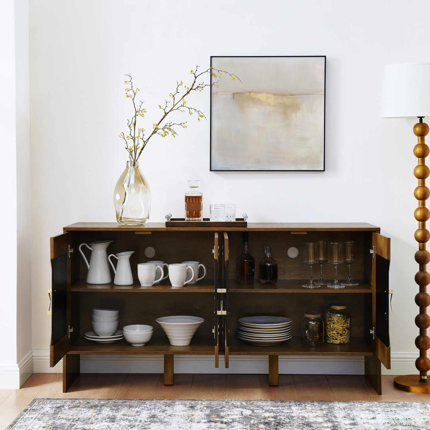 60' Mid Century Modern Sideboard Buffet Cabinet with Storage, TV Media Console, Storage Cabinet with Geometric Pattern & Adjustable Shelves for Kitchen Dining Living Room Entryway Hallway, Walnut - Groovy Boardz