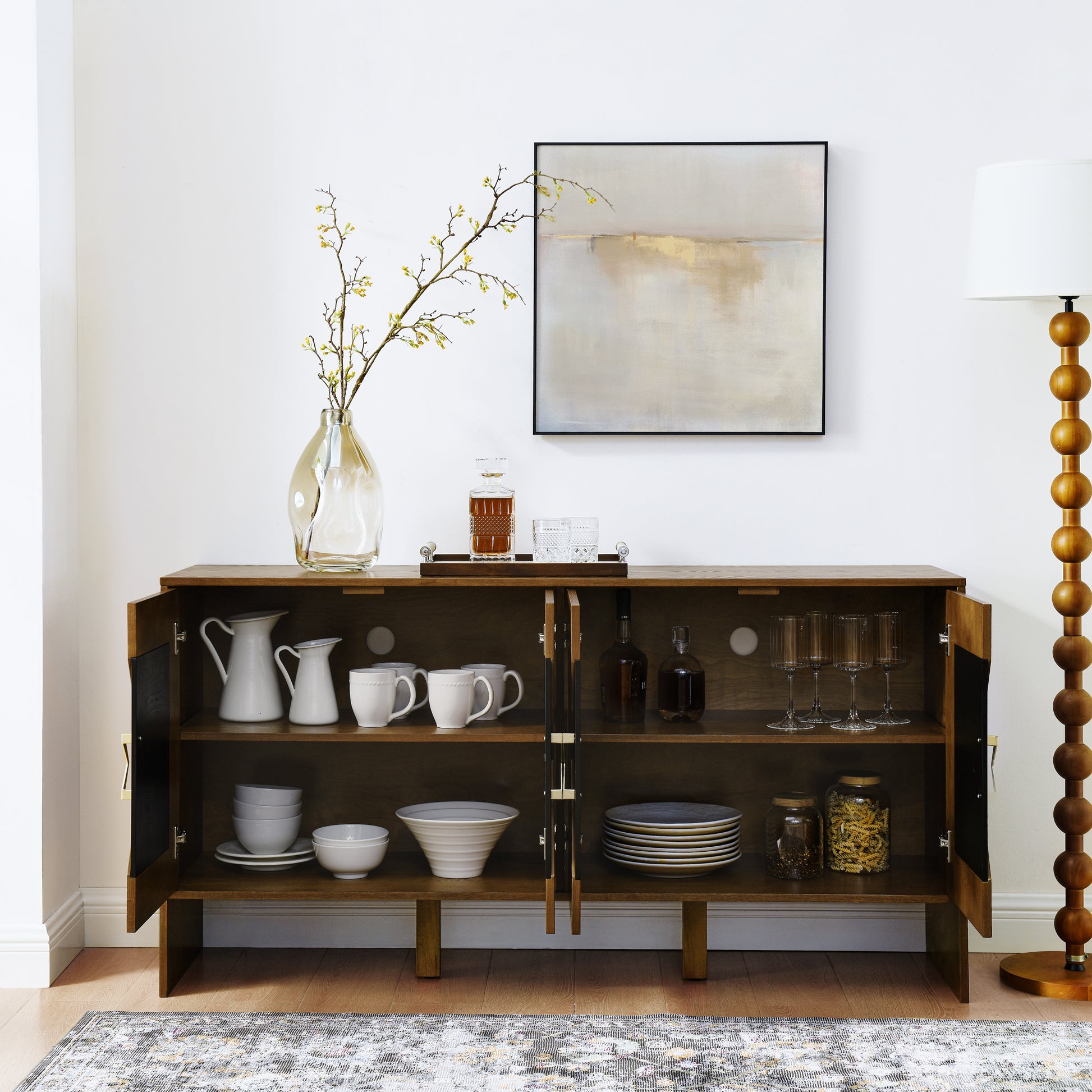 60' Mid Century Modern Sideboard Buffet Cabinet with Storage, TV Media Console, Storage Cabinet with Geometric Pattern & Adjustable Shelves for Kitchen Dining Living Room Entryway Hallway, Walnut - Groovy Boardz