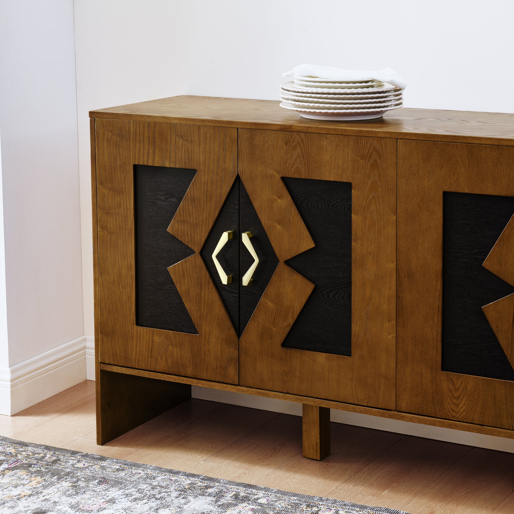 60' Mid Century Modern Sideboard Buffet Cabinet with Storage, TV Media Console, Storage Cabinet with Geometric Pattern & Adjustable Shelves for Kitchen Dining Living Room Entryway Hallway, Walnut - Groovy Boardz