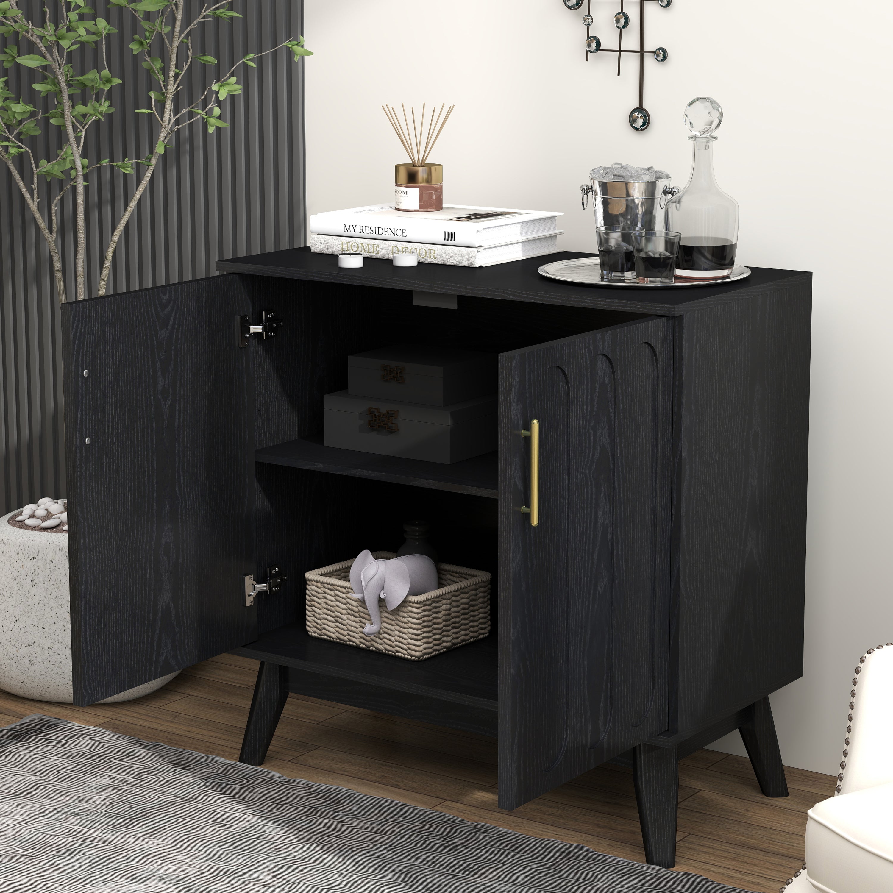 Mid Century Modern Fluted Sideboard Cabinet with Adjustable Shelves & Solid Wood Legs, Buffet Cabinet with Storage, Walnut Storage Cabinet for Living Room, Entryway, Hallway, Dining Room, Kitchen