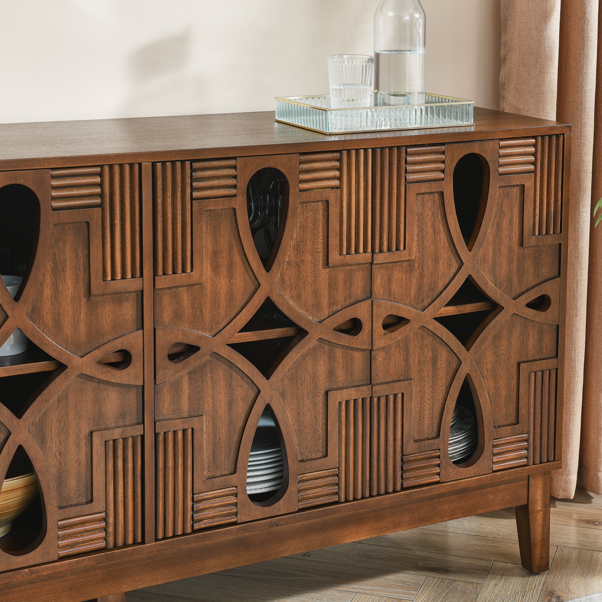 60.5' Mid Century Modern Sideboard Buffet Cabinet with Storage, TV Media Console Table, Storage Cabinet with 4 Doors & Adjustable Shelves for Kitchen Dining Living Room Entryway, Walnut