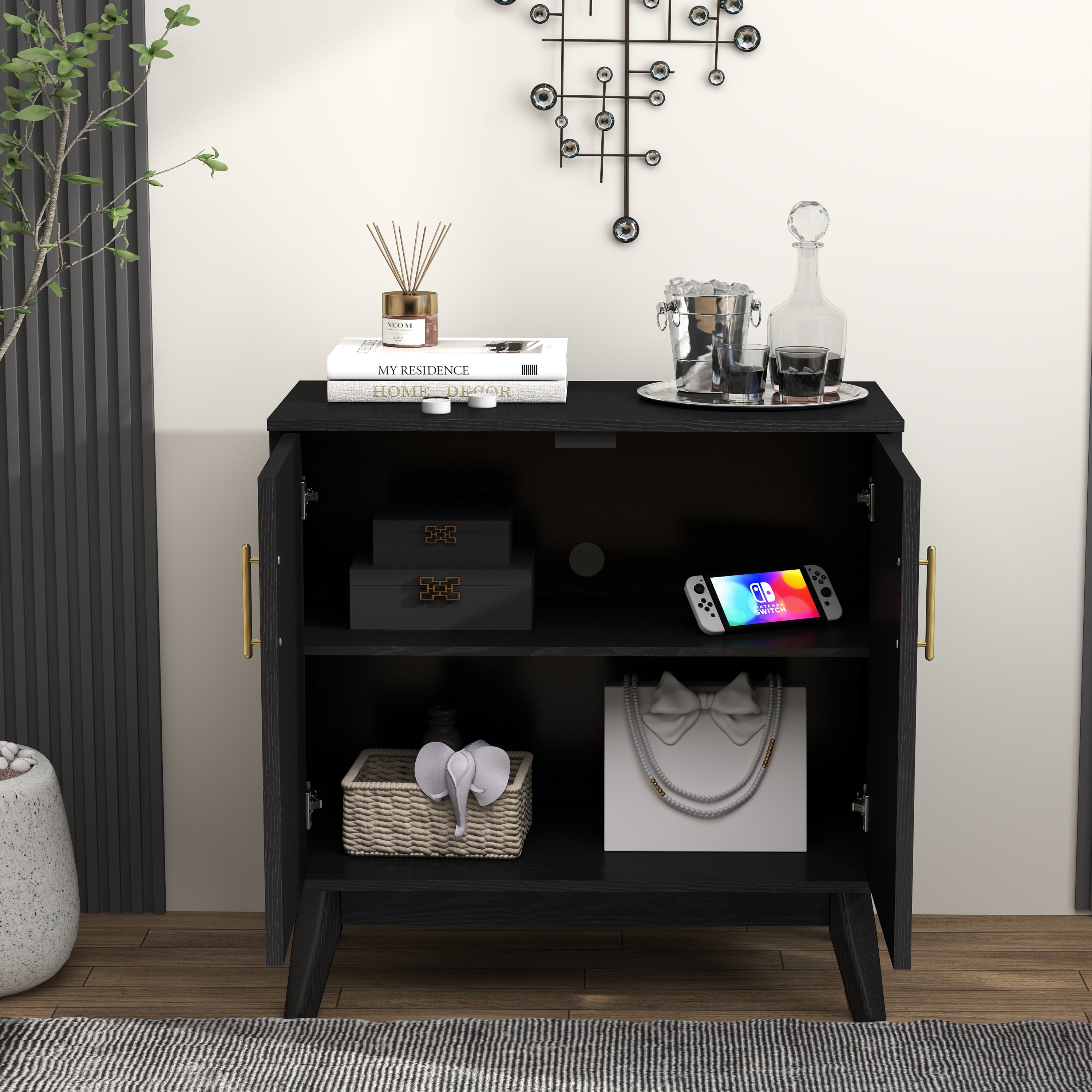 Mid Century Modern Fluted Sideboard Cabinet with Adjustable Shelves & Solid Wood Legs, Buffet Cabinet with Storage, Walnut Storage Cabinet for Living Room, Entryway, Hallway, Dining Room, Kitchen