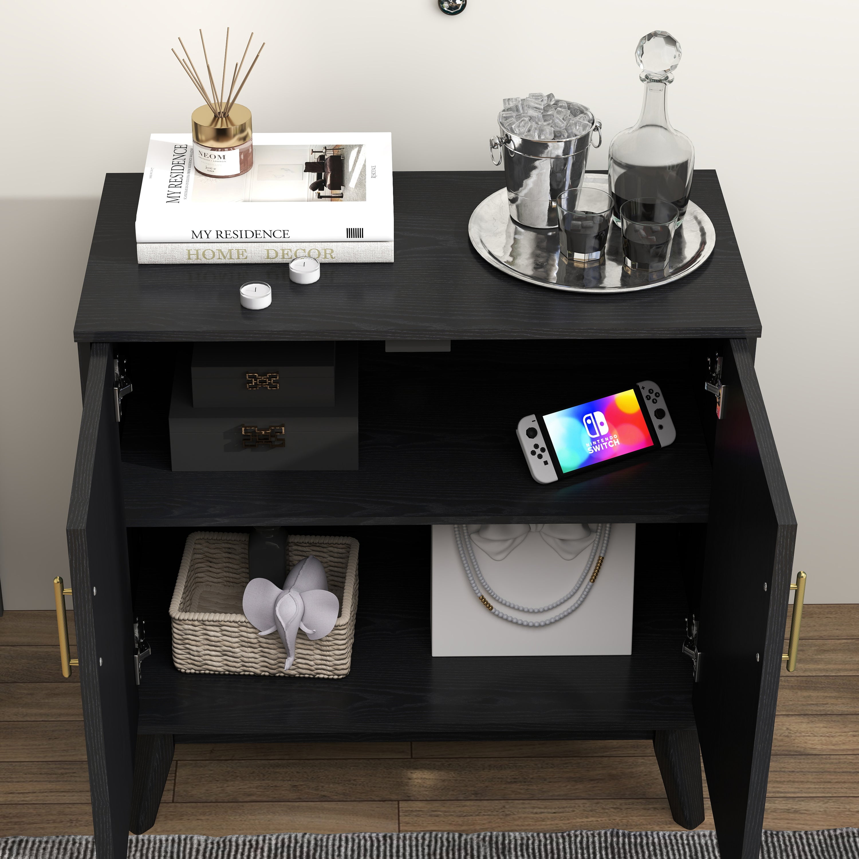 Mid Century Modern Fluted Sideboard Cabinet with Adjustable Shelves & Solid Wood Legs, Buffet Cabinet with Storage, Walnut Storage Cabinet for Living Room, Entryway, Hallway, Dining Room, Kitchen