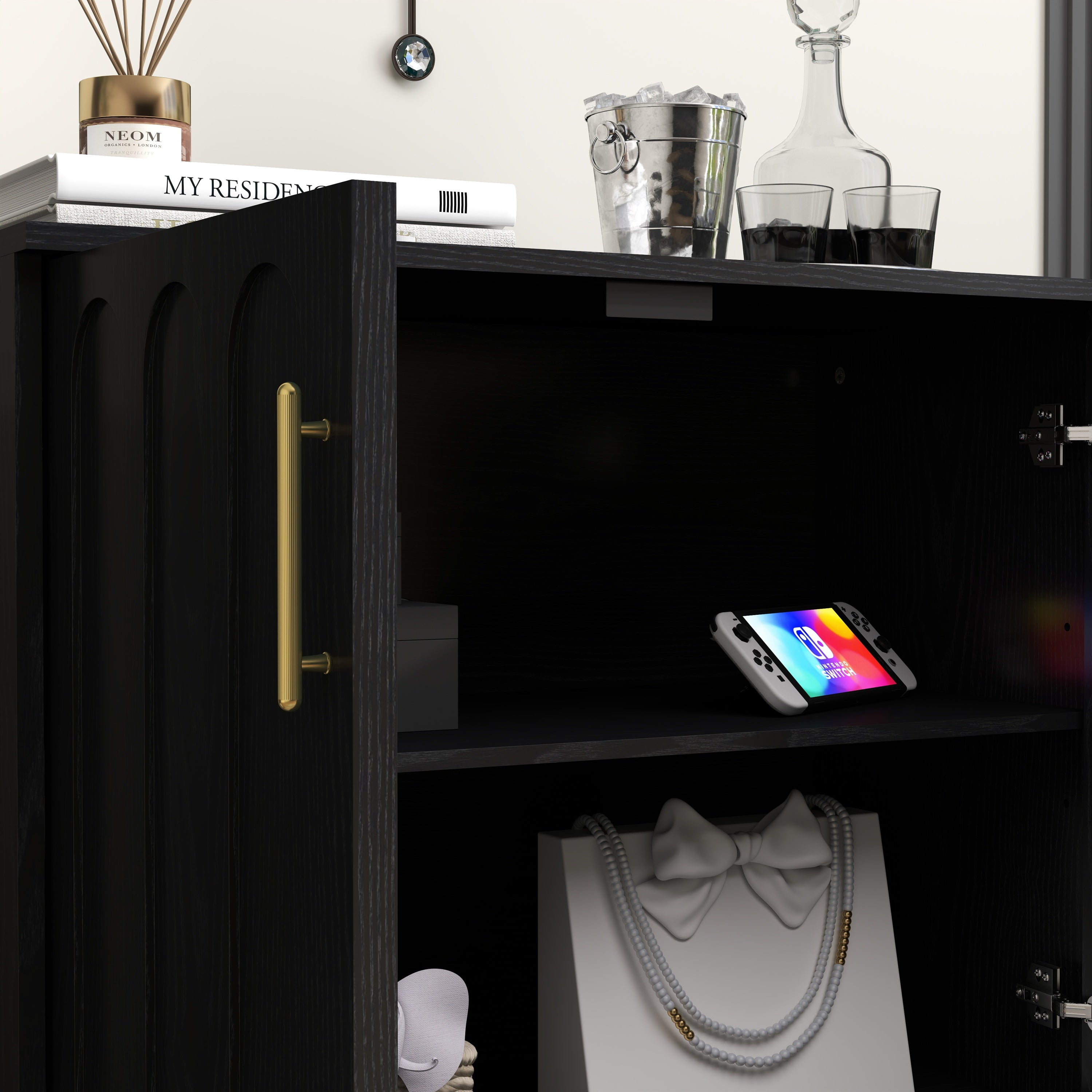 Mid Century Modern Fluted Sideboard Cabinet with Adjustable Shelves & Solid Wood Legs, Buffet Cabinet with Storage, Walnut Storage Cabinet for Living Room, Entryway, Hallway, Dining Room, Kitchen