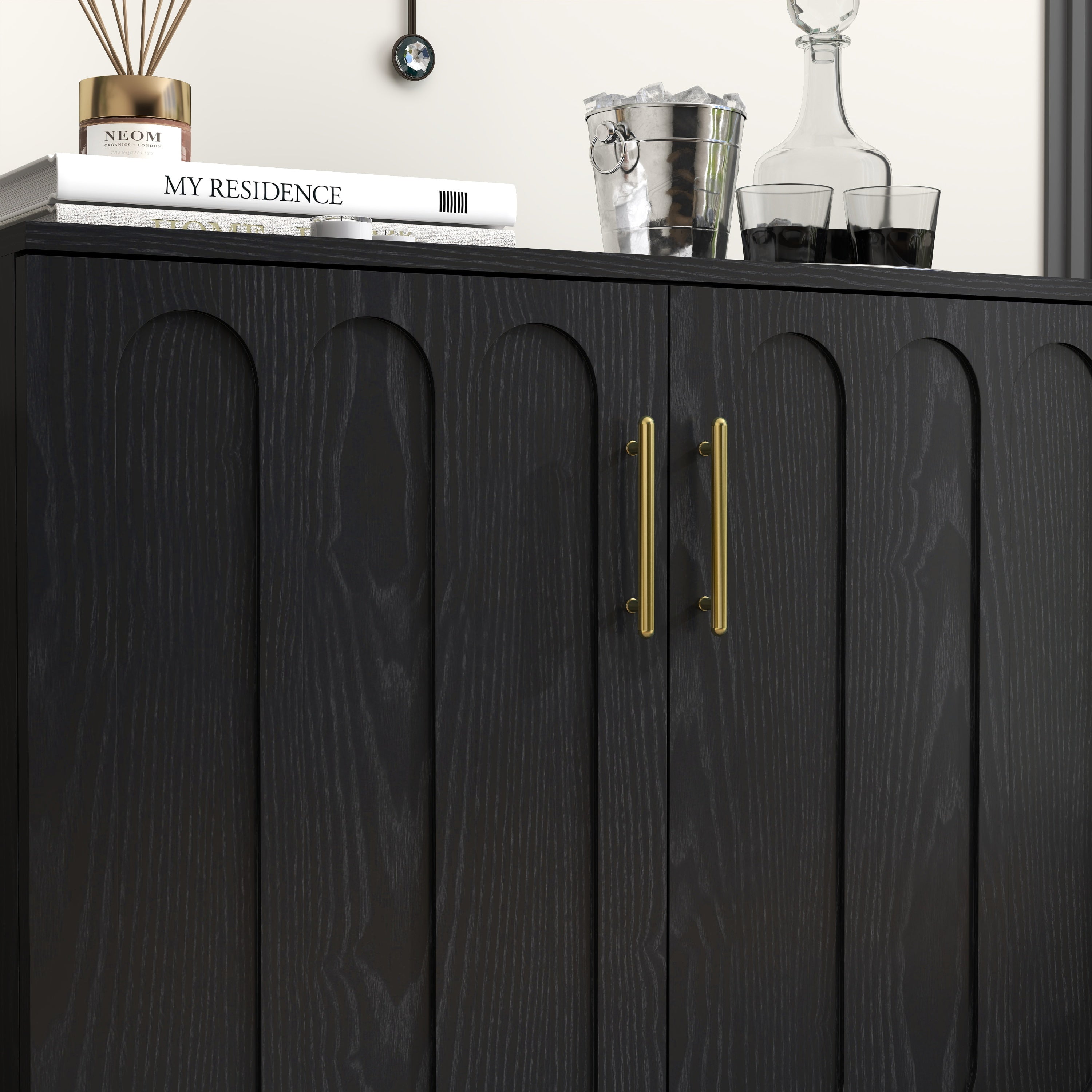 Mid Century Modern Fluted Sideboard Cabinet with Adjustable Shelves & Solid Wood Legs, Buffet Cabinet with Storage, Walnut Storage Cabinet for Living Room, Entryway, Hallway, Dining Room, Kitchen