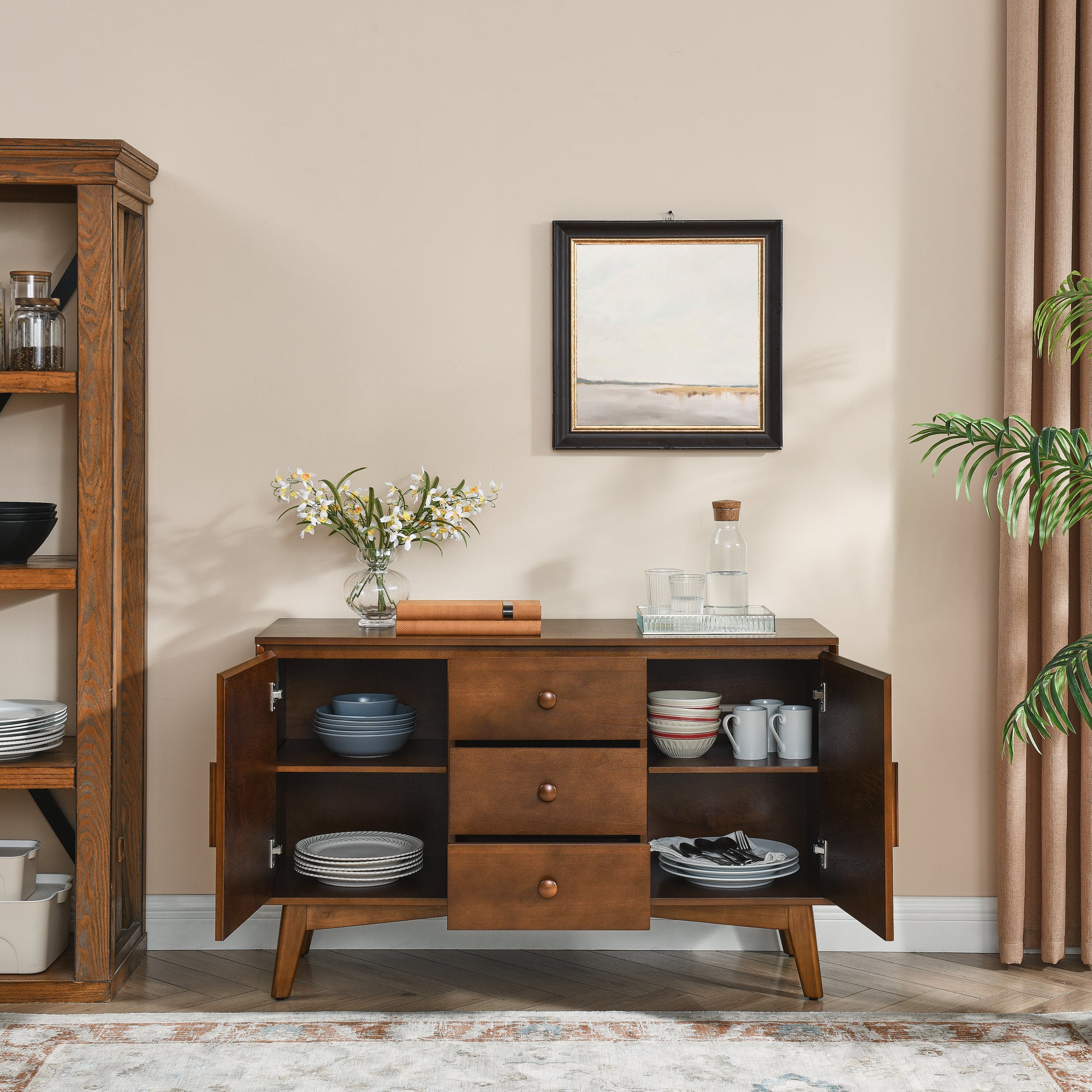 47.3 Mid Century Modern Sideboard Buffet Cabinet with Storage, Storage Cabinet with 2 Doors and 3 Drawers for Kitchen Dining Living Room Bedroom, Accent Console Table, Walnut