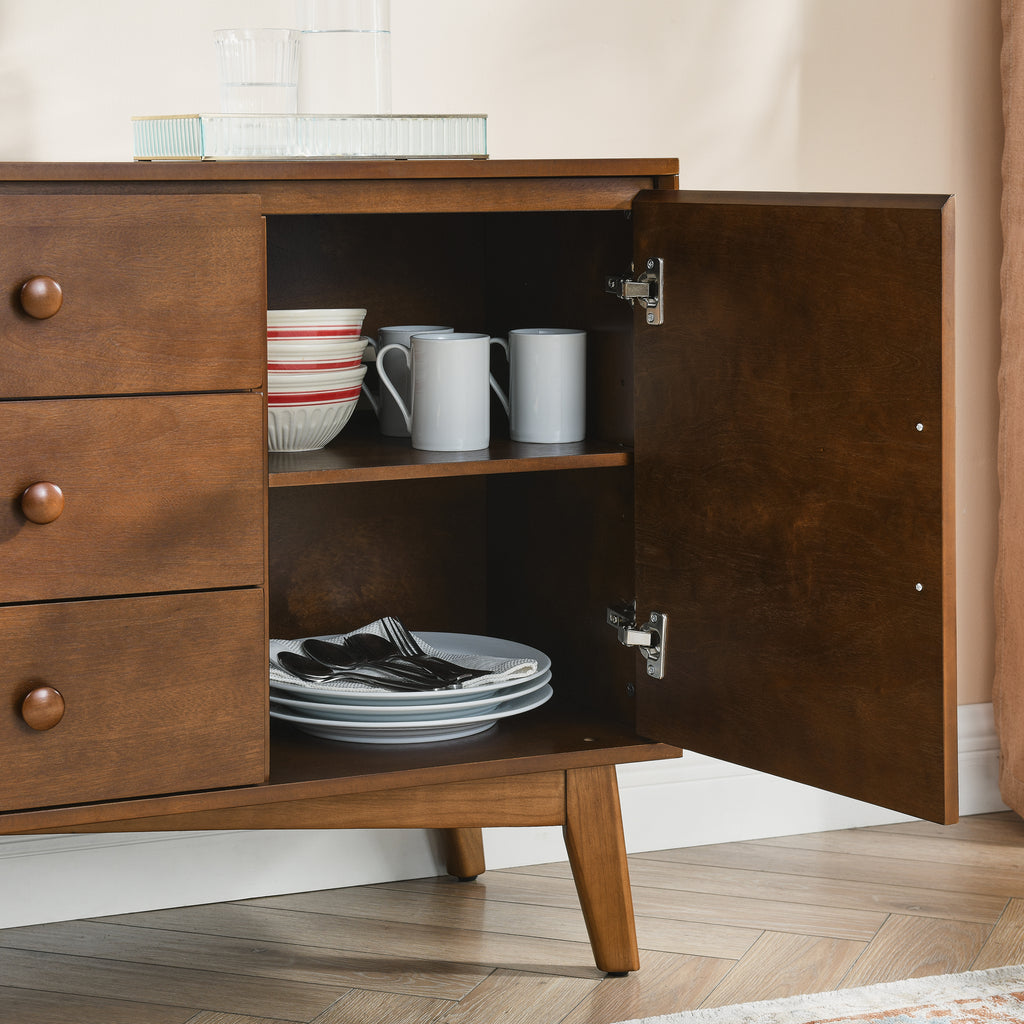47.3 Mid Century Modern Sideboard Buffet Cabinet with Storage, Storage Cabinet with 2 Doors and 3 Drawers for Kitchen Dining Living Room Bedroom, Accent Console Table, Walnut