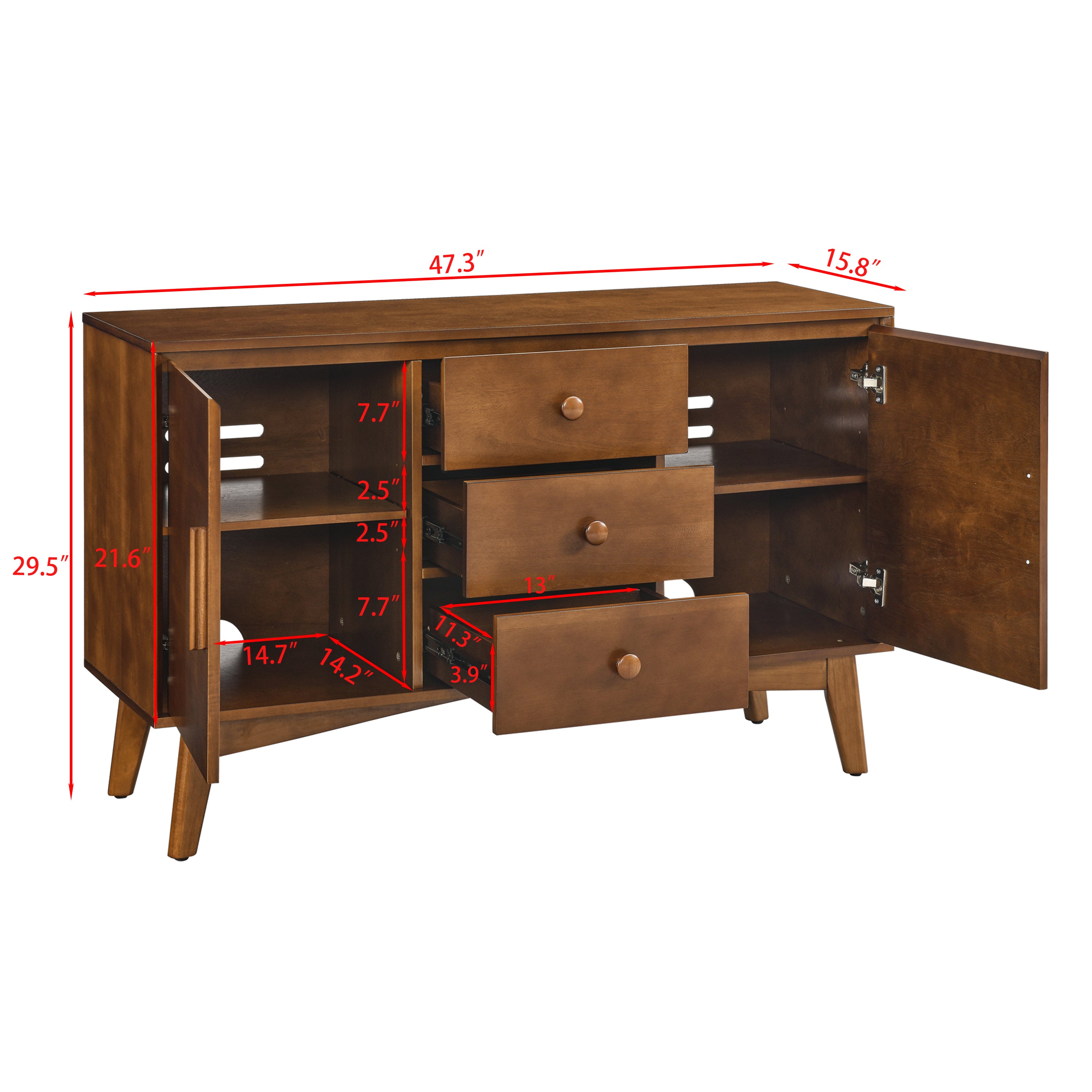 47.3 Mid Century Modern Sideboard Buffet Cabinet with Storage, Storage Cabinet with 2 Doors and 3 Drawers for Kitchen Dining Living Room Bedroom, Accent Console Table, Walnut