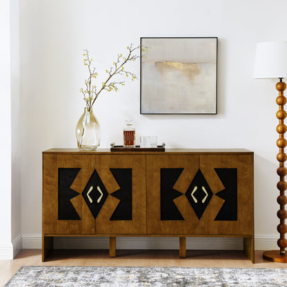 60' Mid Century Modern Sideboard Buffet Cabinet with Storage, TV Media Console, Storage Cabinet with Geometric Pattern & Adjustable Shelves for Kitchen Dining Living Room Entryway Hallway, Walnut - Groovy Boardz