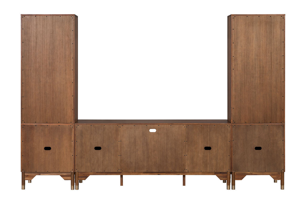 Mid-Century Modern TV Stand Entertainment Center Left Right Pier With Base Adjustable Shelves Gold Caped Legs LED On Pier Walnut Finish Media Console
