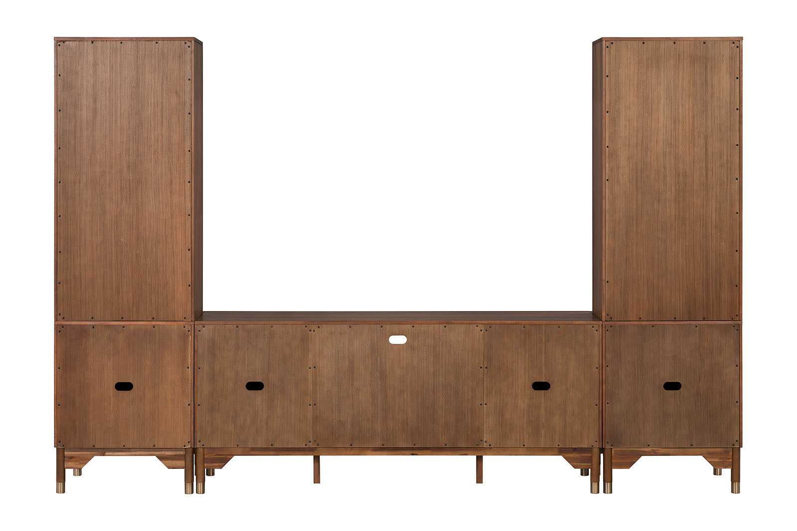 Mid-Century Modern TV Stand Entertainment Center Left Right Pier With Base Adjustable Shelves Gold Caped Legs LED On Pier Walnut Finish Media Console