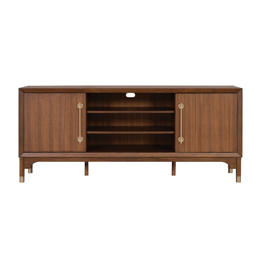 Mid-Century Modern TV Stand Entertainment Center Left Right Pier With Base Adjustable Shelves Gold Caped Legs LED On Pier Walnut Finish Media Console