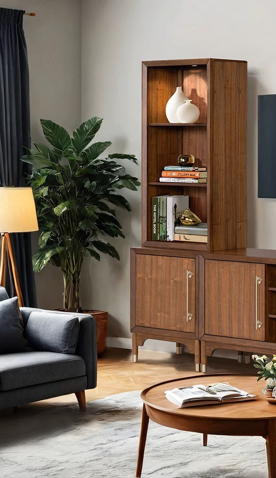 Mid-Century Modern TV Stand Entertainment Center Left Right Pier With Base Adjustable Shelves Gold Caped Legs LED On Pier Walnut Finish Media Console