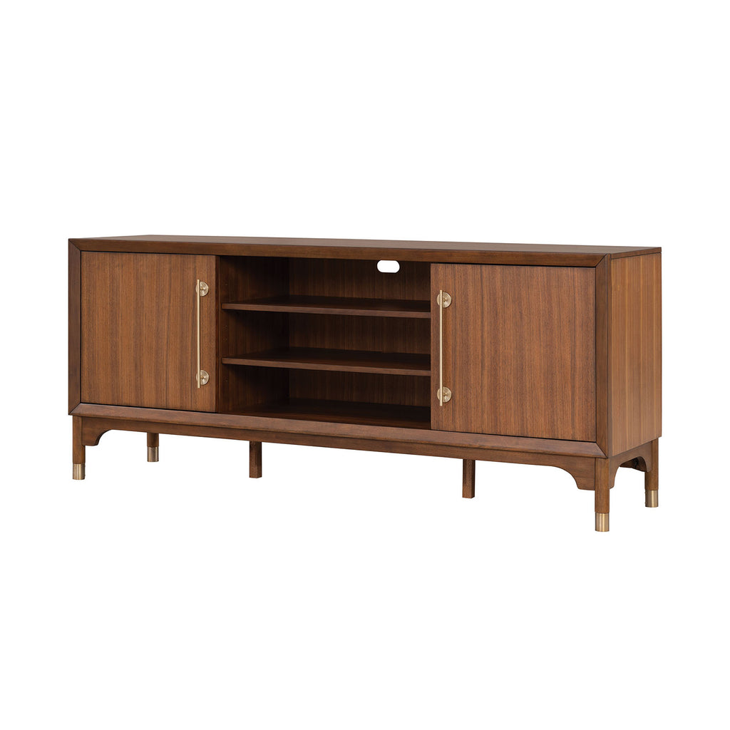 Mid-Century Modern TV Stand Entertainment Center Left Right Pier With Base Adjustable Shelves Gold Caped Legs LED On Pier Walnut Finish Media Console