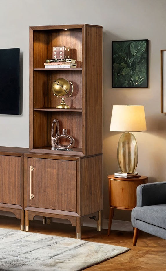 Mid-Century Modern TV Stand Entertainment Center Left Right Pier With Base Adjustable Shelves Gold Caped Legs LED On Pier Walnut Finish Media Console