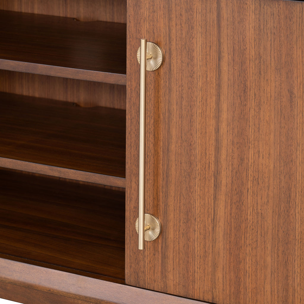 Mid-Century Modern TV Stand Gold Capped Legs Adjustable Shelves Walnut Finish Media Console