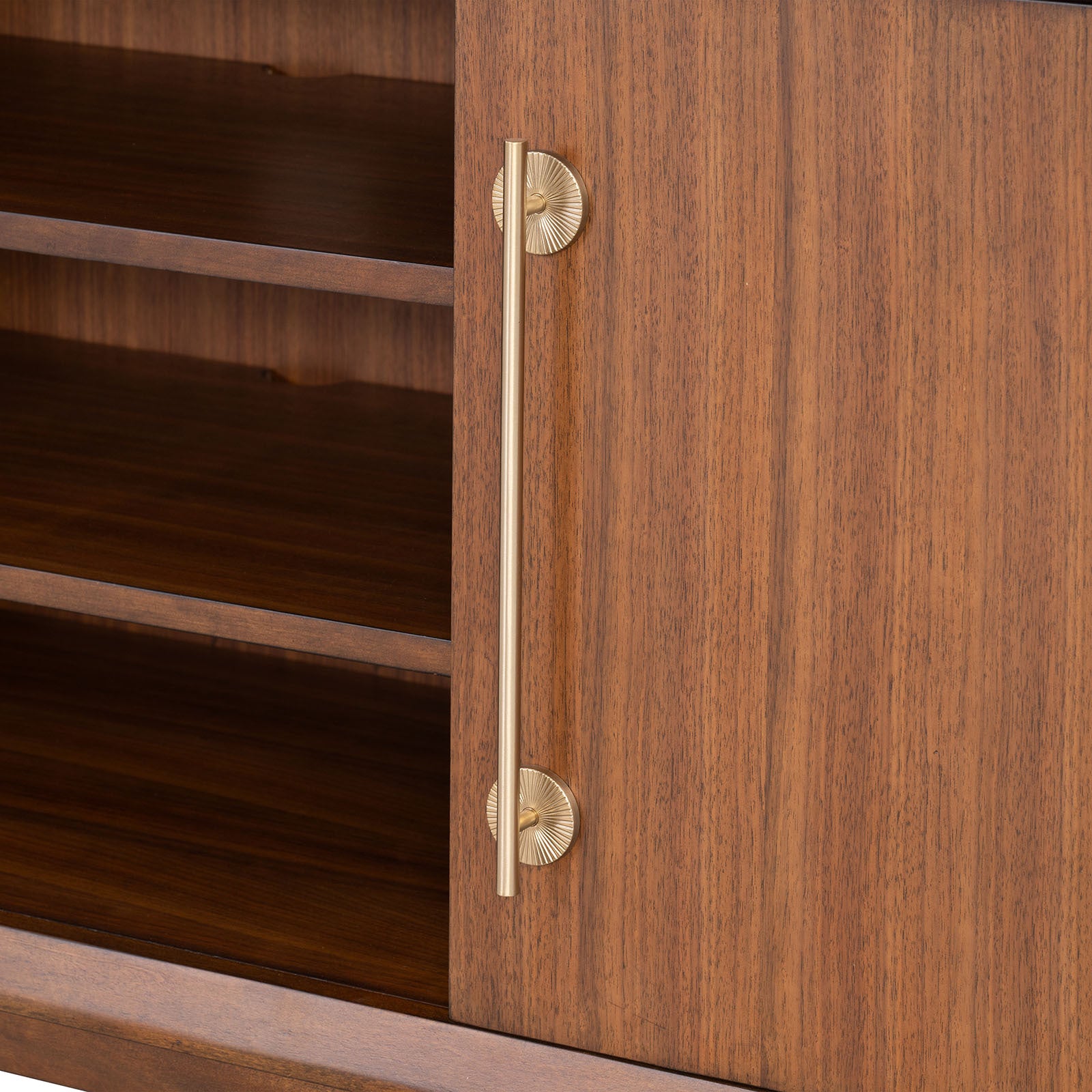 Mid-Century Modern TV Stand Gold Capped Legs Adjustable Shelves Walnut Finish Media Console