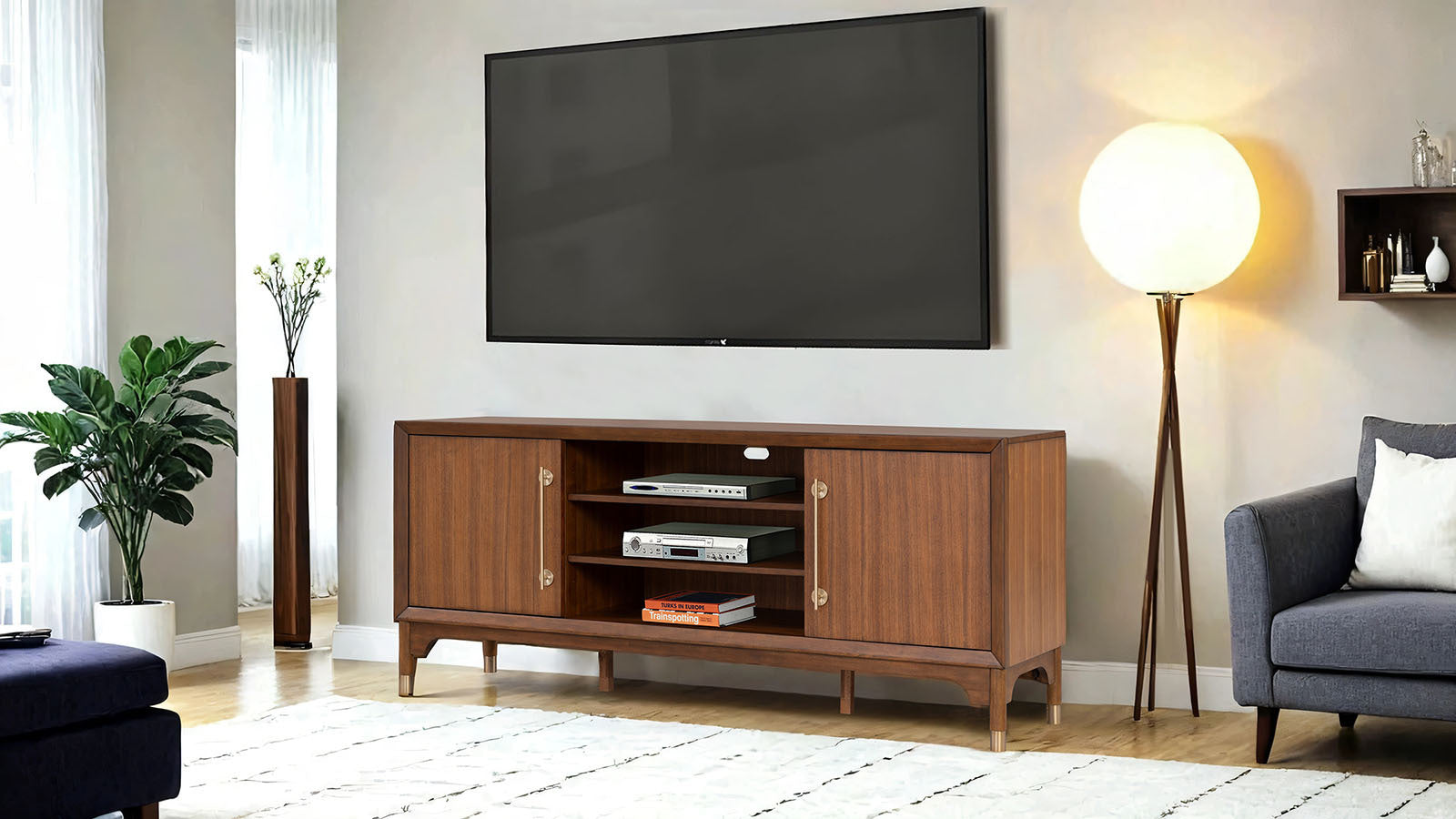 Mid-Century Modern TV Stand Gold Capped Legs Adjustable Shelves Walnut Finish Media Console