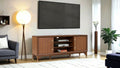 Mid-Century Modern TV Stand Gold Capped Legs Adjustable Shelves Walnut Finish Media Console