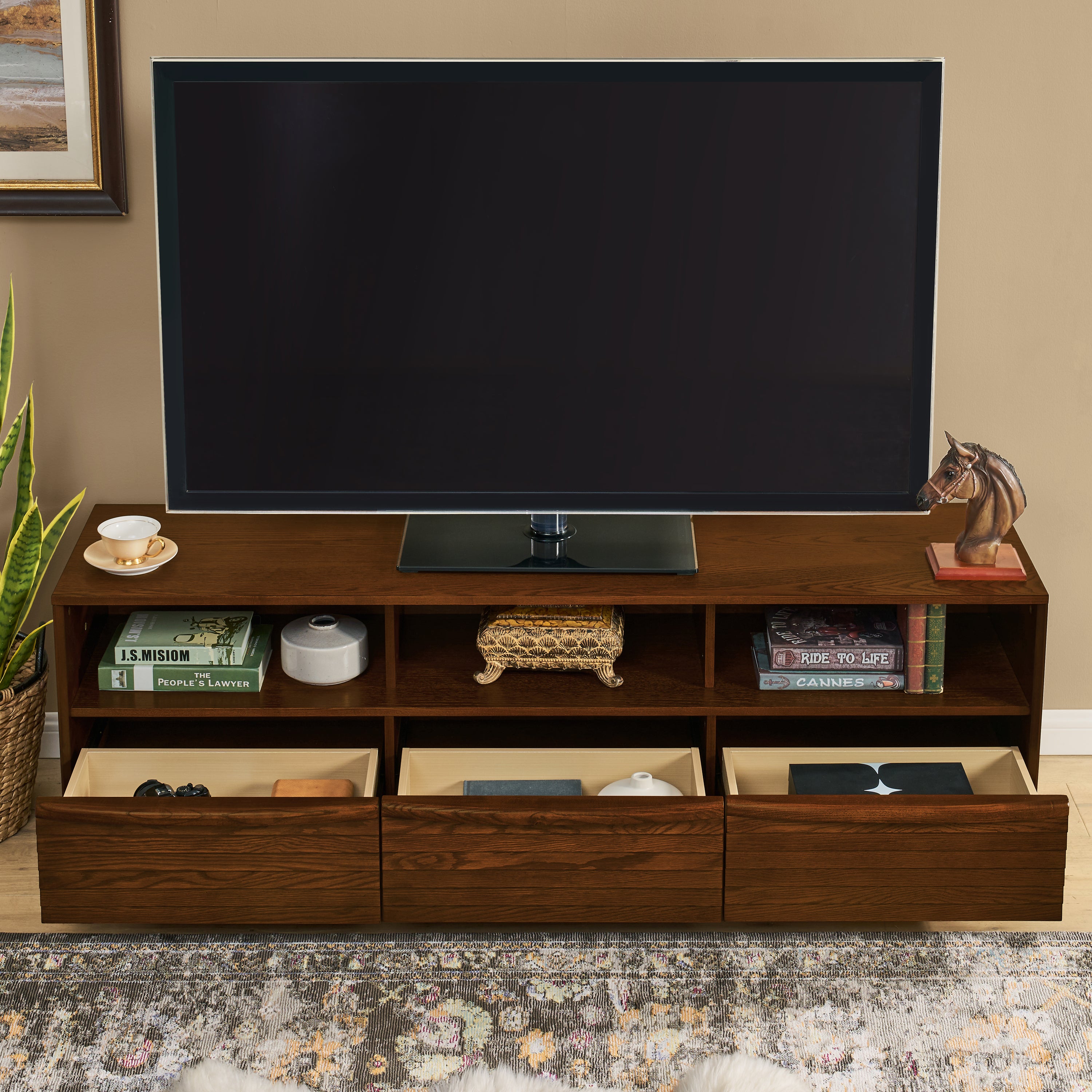 63' Mid-Century Modern TV Stand for TVs up to 75', Thick Sturdy Farmhouse Entertainment Cabinet, Media Console for Living Room, Louver Design & Solid Wood Drawers & Outlet Holes, Walnut