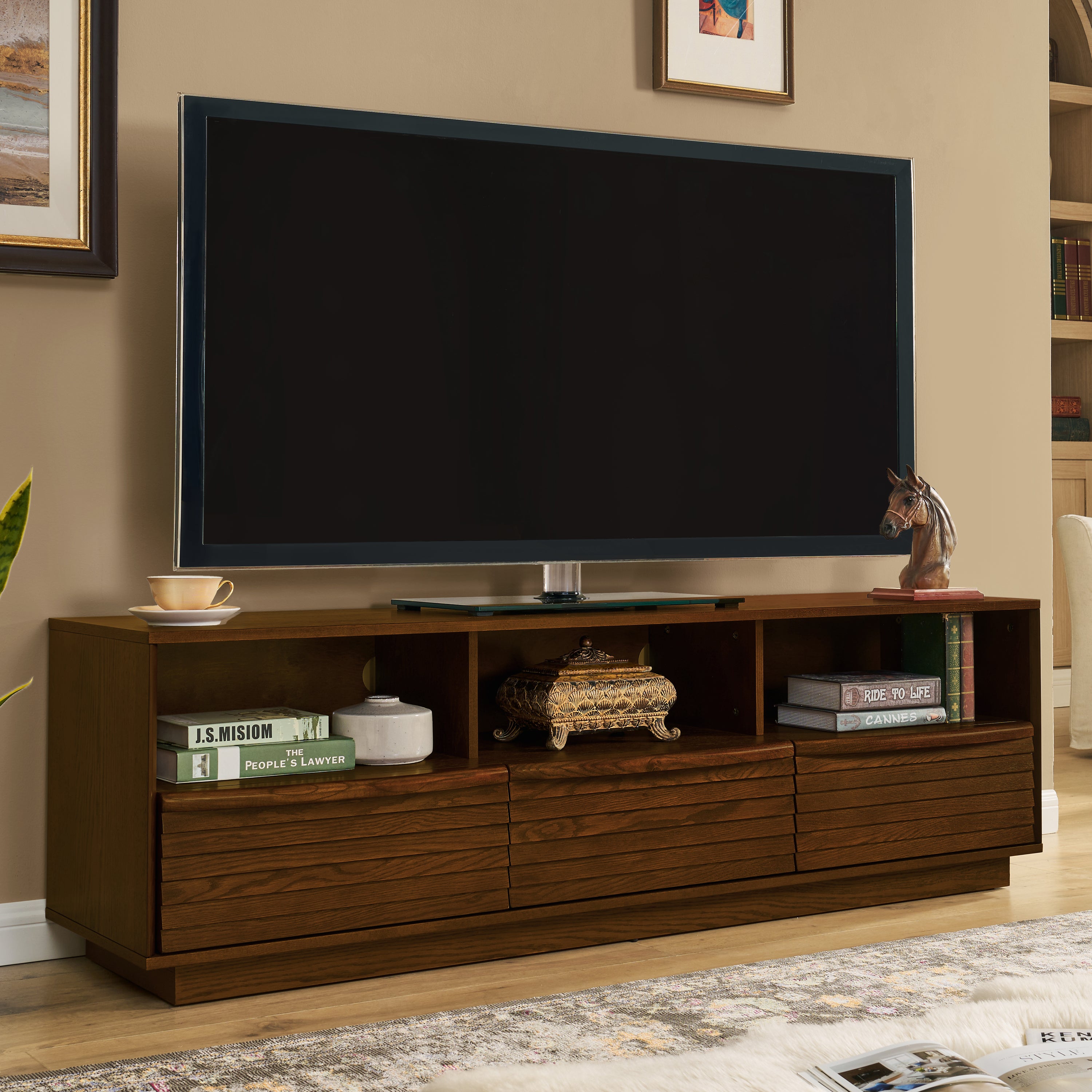 63' Mid-Century Modern TV Stand for TVs up to 75', Thick Sturdy Farmhouse Entertainment Cabinet, Media Console for Living Room, Louver Design & Solid Wood Drawers & Outlet Holes, Walnut