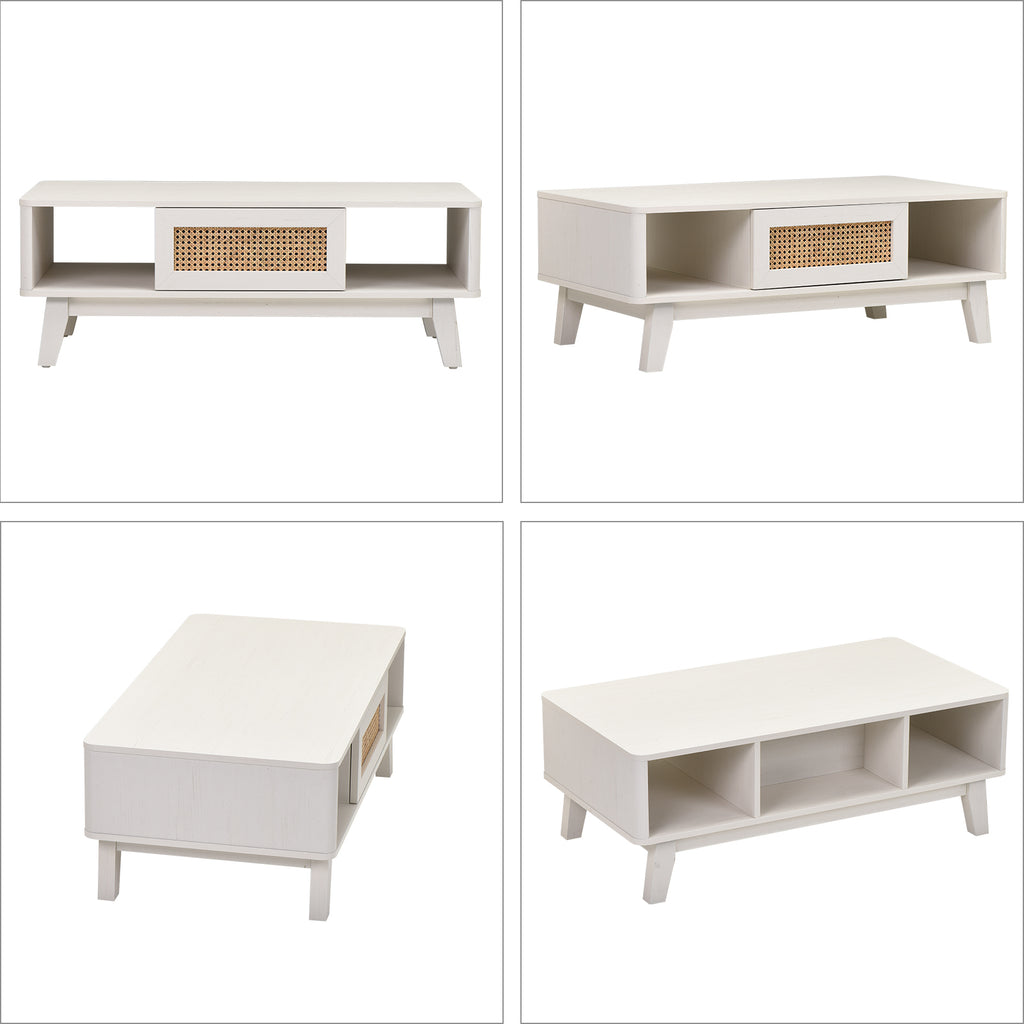 Coffee Table, Mid Century Living Room Tables with Storage, Modern Square with Rattan Drawer, Wooden Living Room Table with Solid Wood Leg