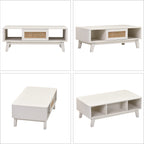 Coffee Table, Mid Century Living Room Tables with Storage, Modern Square with Rattan Drawer, Wooden Living Room Table with Solid Wood Leg