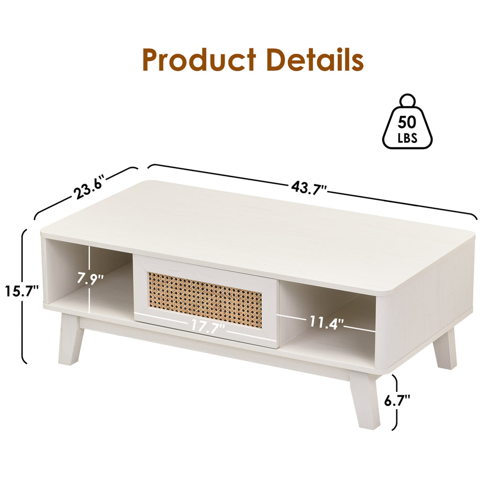 Coffee Table, Mid Century Living Room Tables with Storage, Modern Square with Rattan Drawer, Wooden Living Room Table with Solid Wood Leg