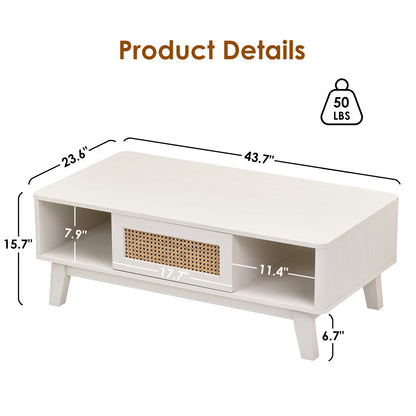 Coffee Table, Mid Century Living Room Tables with Storage, Modern Square with Rattan Drawer, Wooden Living Room Table with Solid Wood Leg