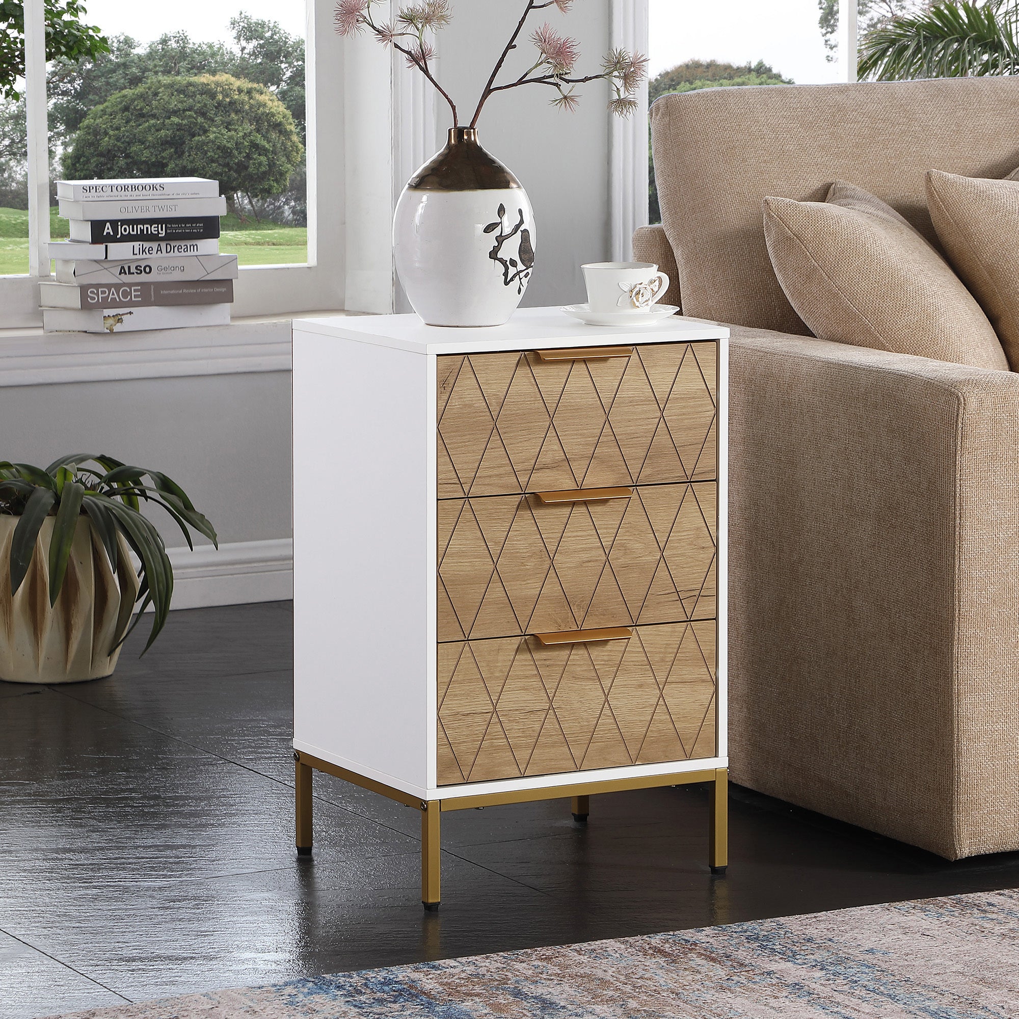 Nightstand with 3 Drawers, Mid-Century Modern End Table,Gold MetalFeet, Gold Metal Handles , Drawer Panels are Shaped by Cutting Lines,End Table for Bedroom,White and Natural