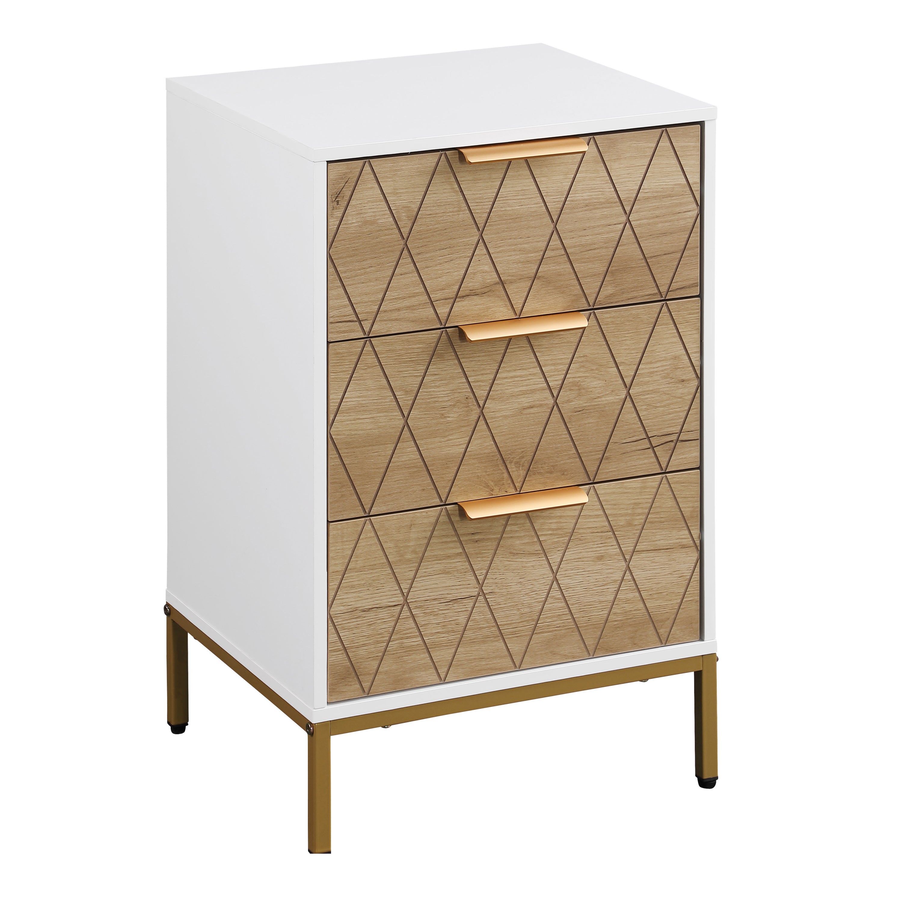 Nightstand with 3 Drawers, Mid-Century Modern End Table,Gold MetalFeet, Gold Metal Handles , Drawer Panels are Shaped by Cutting Lines,End Table for Bedroom,White and Natural