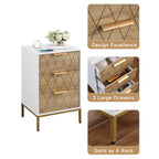 Nightstand with 3 Drawers, Mid-Century Modern End Table,Gold MetalFeet, Gold Metal Handles , Drawer Panels are Shaped by Cutting Lines,End Table for Bedroom,White and Natural